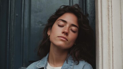 Fototapeta premium Portrait of a young woman with her eyes closed and her head resting on a window sill. she has shoulder-length dark hair and is wearing a denim jacket over a white t-shirt.