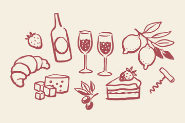 Obraz na płótnie Canvas Wine and snacks set naive doodle vector illustration