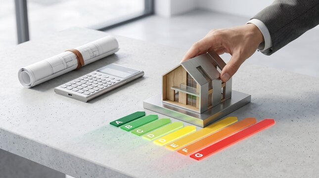 A modern eco-home model with an energy efficiency rating chart 