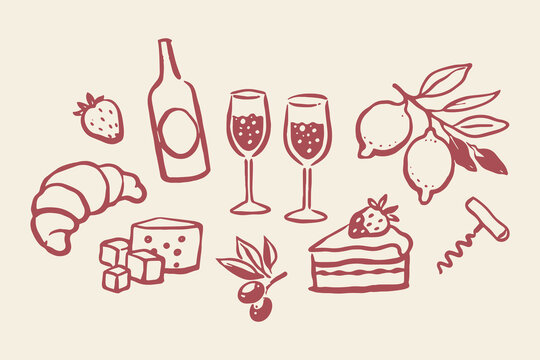 Wine and snacks set naive doodle vector illustration