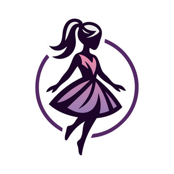 Logotipo de boutique de moda femenina. Dibujo minimalista con una chica andando con un peinado de cola de caballo con un vestido en c&iacute;rculo 
