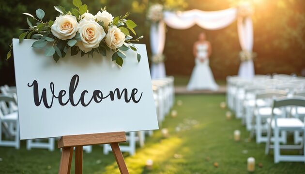 Wedding ceremony setup with welcome sign and floral decor. Rows of chairs on green grass for guests. Bride in white dress at altar in soft sunlight. Beautiful outdoor marriage event.