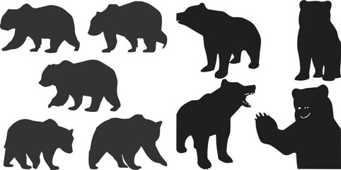 Bear silhouettes collection, walking bear, standing bear, roaring bear, upright bear, waving bear, wildlife vector, animal poses, flat vector illustration © RAFIQUL
