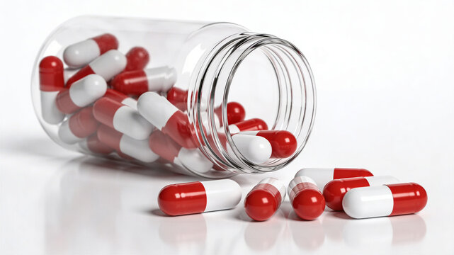 A tipped glass bottle spills red and white capsules across a bright surface, conveying medicine, healthcare treatment, pharmacy supply, dosage routine, and wellness concepts for viewers