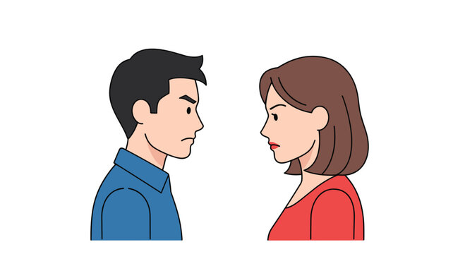 Intense confrontation between a man and a woman shown in profile with angry facial expressions and furrowed brows against a stark white studio background.