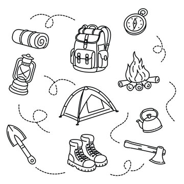 Doodle art camping hiking vector icon illustration isolated