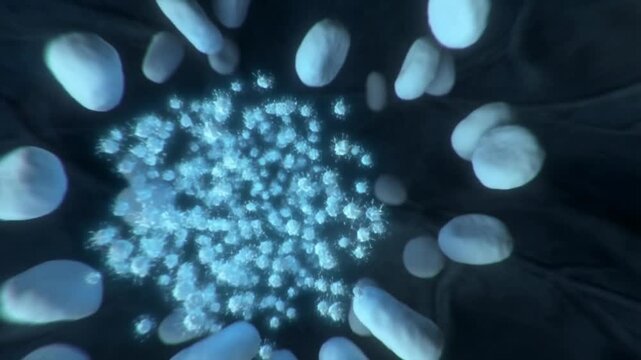 Microscopic battle between multiplying virus particles and neutralizing white blood cells in a dark organic environment concept of immune response and infection