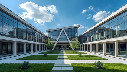 Naklejka premium A modern architectural complex features a courtyard with lush green grass and geometric design