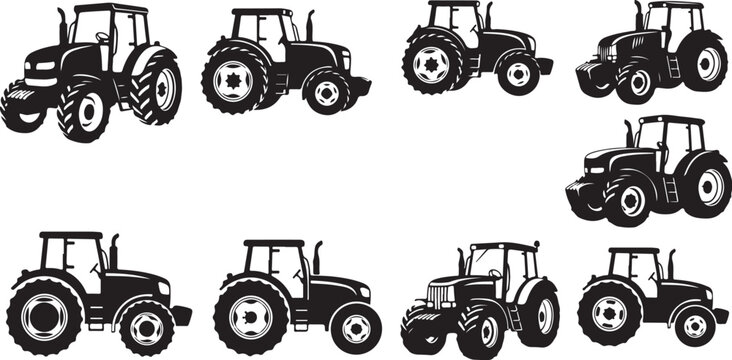 Tractors in Various Positions and Angles Illustration Set