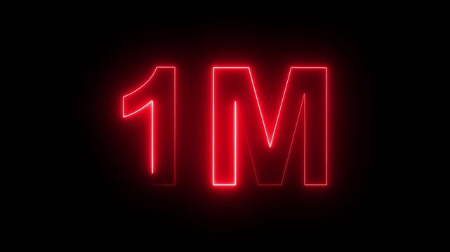 Neon number 1M million text icon animation glowing red color celebration like comment share follower social media subscriber signboard template with black background. 4k video