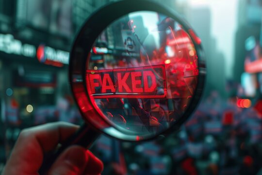 A futuristic lens identifies manipulated content within a public demonstration photo. Concept of AI-driven truth, technological evolution, and digital transparency.