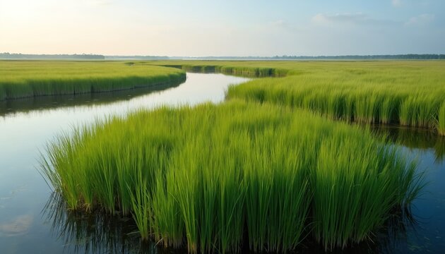 Wide view of bright green cordgrass growing in calm water. Tall reeds form natural shapes in a tranquil coastal marsh under a clear sky. This serene landscape offers a peaceful natural scene.