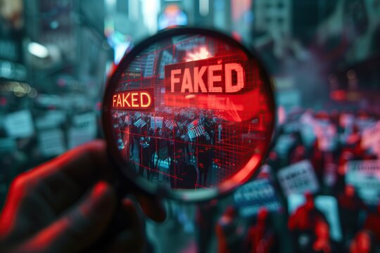 A high-tech lens reveals a red "FAKED" warning over a rally photo. Concept of fact-checking, deepfake detection, and verifying information in the digital age.