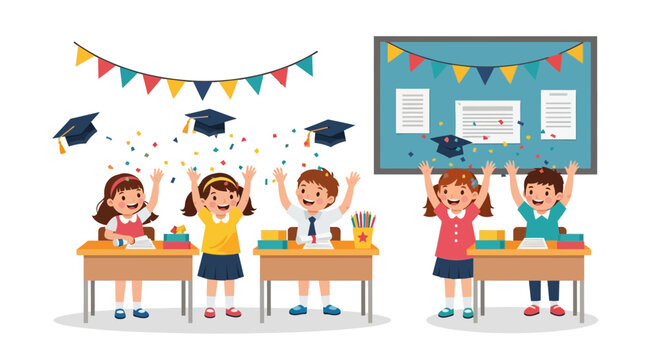 Students celebrate graduation day with joy in a classroom filled with decorations and colorful crafts