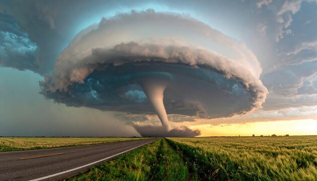 Tornado during a severe weather outbreak. Tornado funnel with debris beneath a supercell thunderstorm during a severe weather outbreak