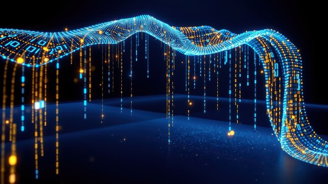 Digital wave form descends, glowing lines create matrix effect. Futuristic data stream visualization, dark background enhances luminosity.