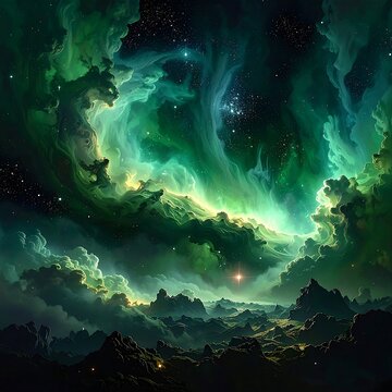 A vibrant, cosmic landscape with swirling green clouds