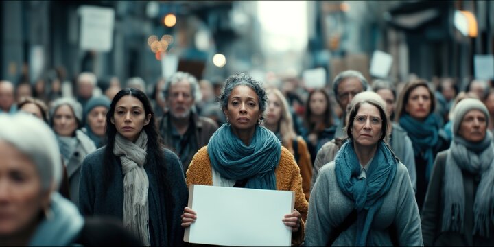 Women of different ethnicities marching together in solidarity on a bright day. Concept of intersectional feminism, global sisterhood, and community strength.