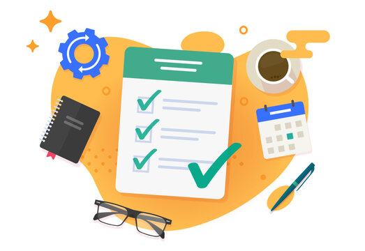 Survey checklist exam form vector on work desk table top view modern minimal cartoon graphic illustration, test questionnaire check list passed document, education study concept, task management&nbsp;