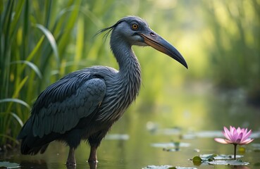Obraz premium A large grey shoebill bird with a massive curved beak stands in shallow green water amidst reeds. A single pink water lily floats nearby. The wild bird looks around its wetland habitat.