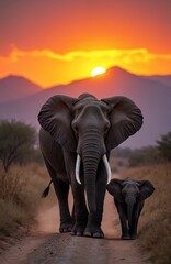 Fototapeta premium Mother elephant and baby elephant walk on dirt road at sunset. Majestic wild animals journey through savanna landscape with mountains in background. Warm orange sky hues illuminate dusk scene.