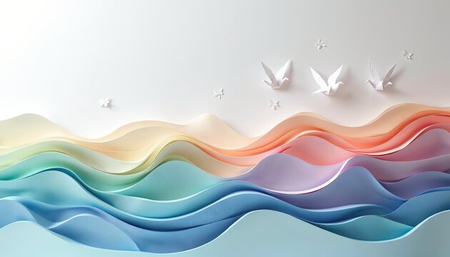 Paper cranes fly over colorful layered waves. Soft pastel hues create a serene, abstract landscape. Clean white background emphasizes minimalist design and delicate origami.