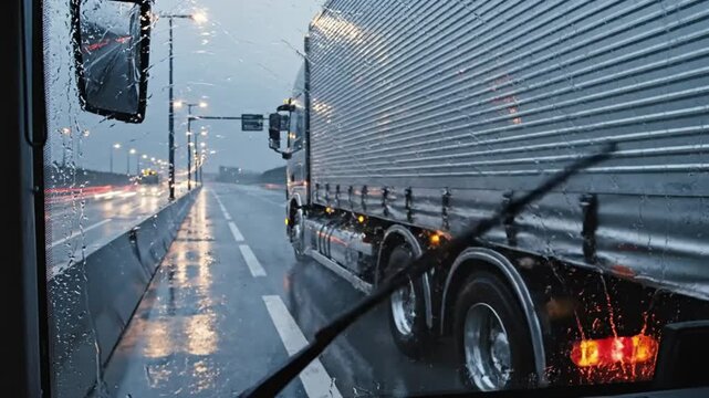 Rainy highway travel: Inside view of a truck on a wet road with raindrops and windshield wipers working