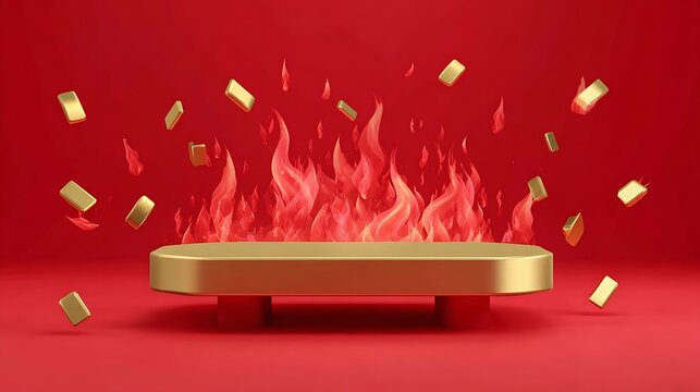 Gold display platform with floating gold bars and bright red flames on a solid red background