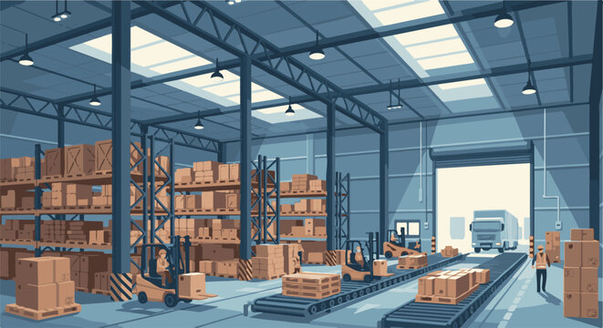 Pixel art warehouse interior with forklifts, conveyor belts, boxes, and truck