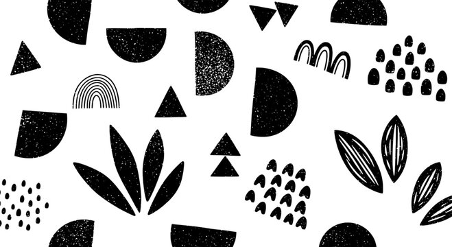 Herb leaf icons and botanical shapes set with black speckled texture, curved lines, and dotted seed patterns
