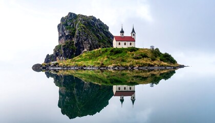 Naklejka premium A serene shot showcasing a small island church atop a rocky cliff, mirrored in still, reflective water under an overcast sky