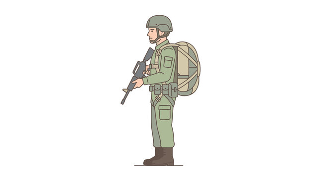 Soldier with rifle and parachute backpack standing illustration