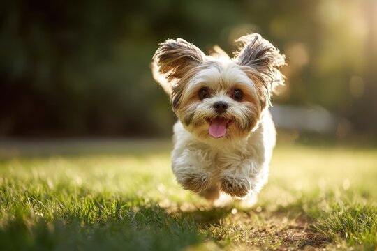 Playful small dog sprinting across green grass at golden hour