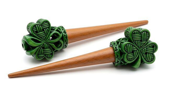 Intricate green and black knotted decorations on wooden sticks isolated on white background