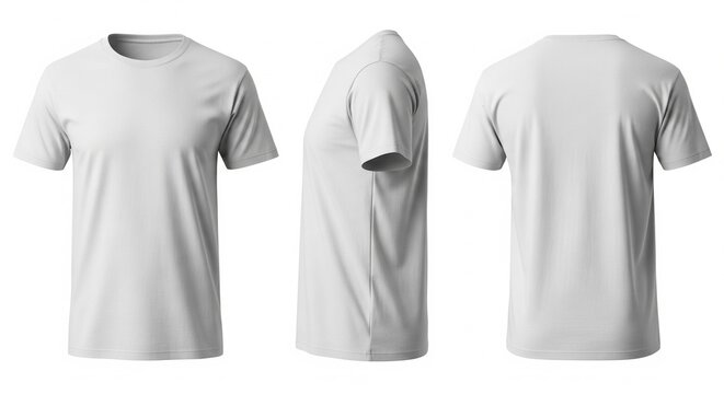 Blank white t-shirt mockup shown from front side and back angles on a clean white background