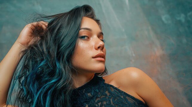 Self-care and beauty A young woman with dyed hair poses sensually in a modern studio embracing individuality and confidence The portrait captures a moment of personal expression and style for fashion.