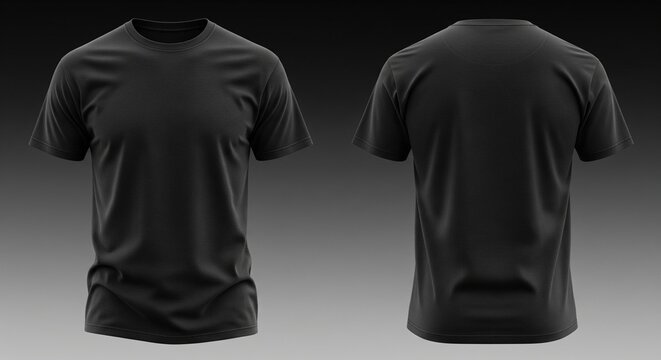 Front and back view of a plain black short-sleeved t-shirt on a dark gradient background