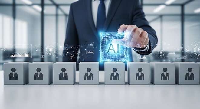 Businessman selecting an AI chip above cubical figures, representing human resources