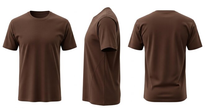 Set of three brown t-shirts shown from front side and back views on white background