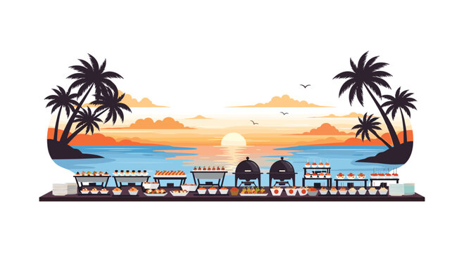 A long banquet table filled with appetizers and chafing dishes stretches across a tropical beach during a vibrant orange sunset with silhouetted palms.