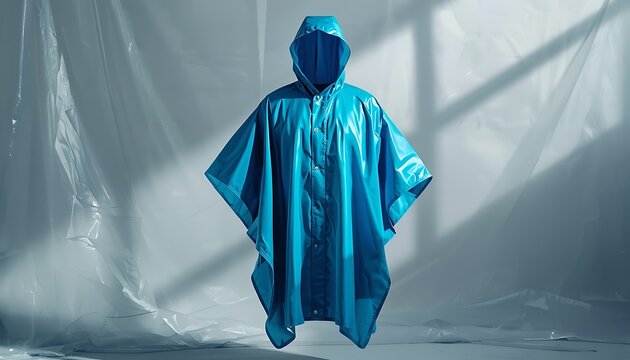 A blue rain poncho hanging in a studio with dramatic lighting