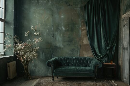 The dark academia interior design trend with moody home decor A vintage green velvet sofa is set against textured walls complemented by green velvet curtains flowers and a darkly lit room.