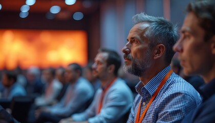 Fototapeta premium Man with grey beard listens intently during corporate conference. Audience sits in bright room, watching presentation on large screen. People attend business event, gain knowledge.
