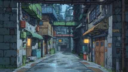 Fototapeta premium Exploring an Urban Landscape: A Detailed Look into a Gritty, Retrofuturistic Alleyway Filled with Unique Architectural Features and Atmospheric Elements