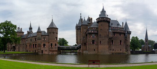 Fototapeta premium Panoramic view of Castle De Haar across the moat, Netherlands