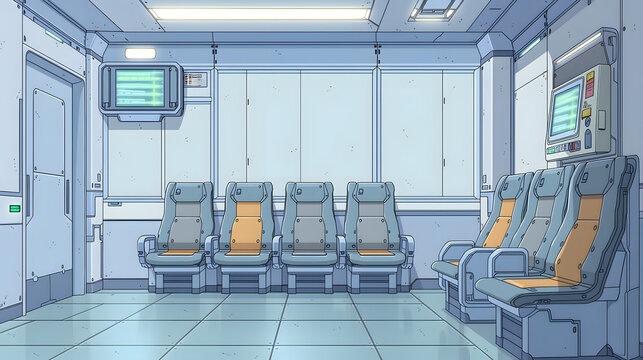 Futuristic Interior Design of a Modern Waiting Room Featuring Sleek Seating and Advanced Technology for an Efficient and Comfortable Experience
