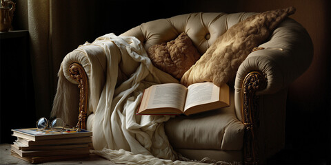 Naklejka premium Cozy reading corner. Enchanting literary nook with plush cushions and gentle illumination