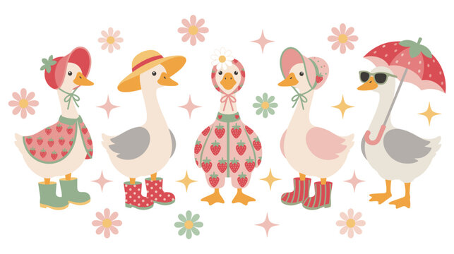 Cute cottagecore ducks wearing strawberry outfits and hats garden bird character.