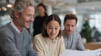 Fototapeta premium Group of three people, two men and a woman, sitting around a table in an office or a meeting room. they are all looking at a blueprint or document spread out in front of them.