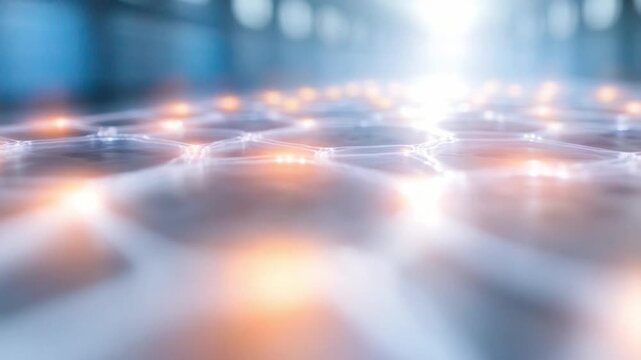 Abstract Network Connection: An eye-level close-up of interconnected network nodes, emitting a radiant glow and suggesting complex data flow within a futuristic technological landscape.
